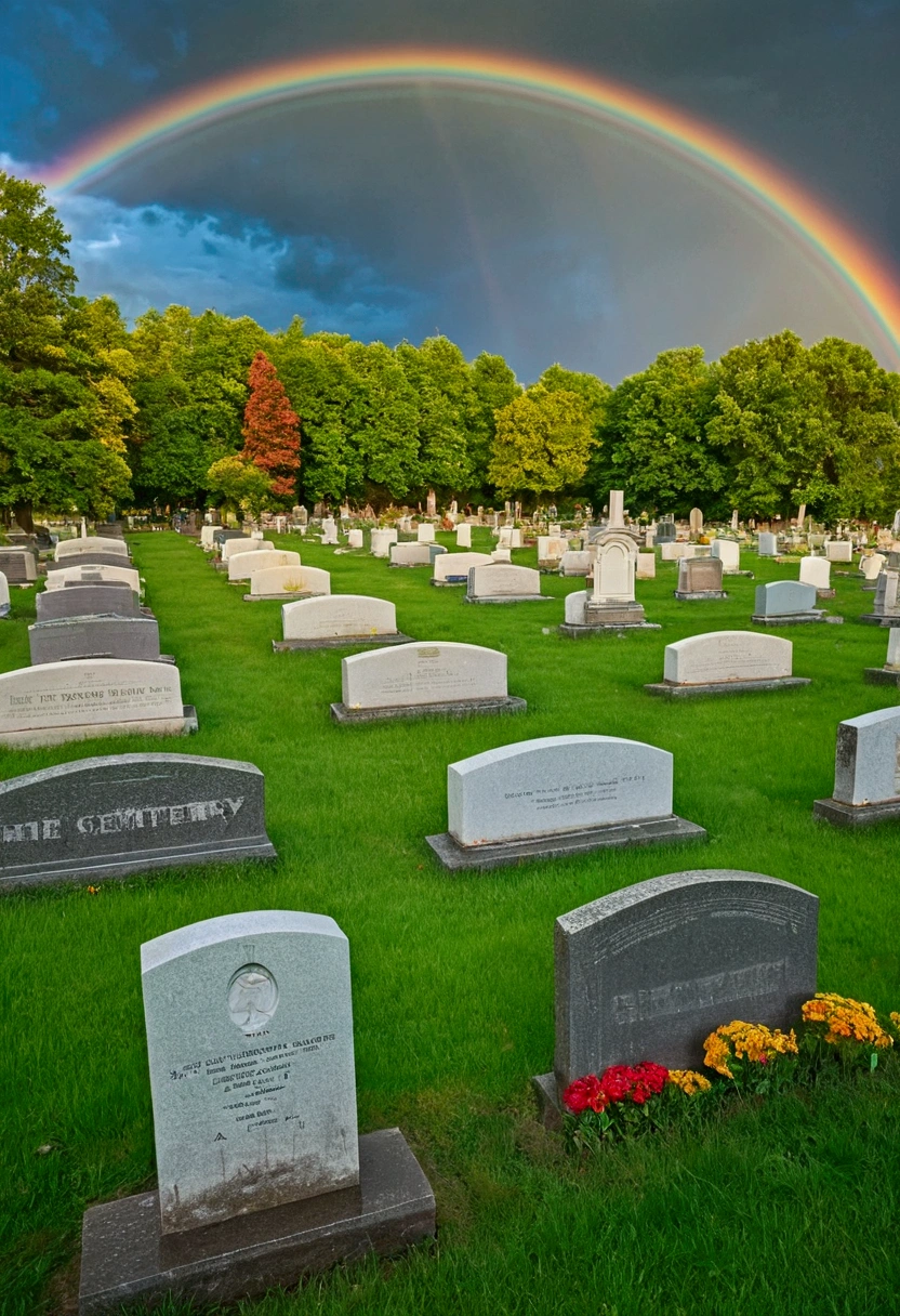 A cemetery in a green field and a rainbow in the background