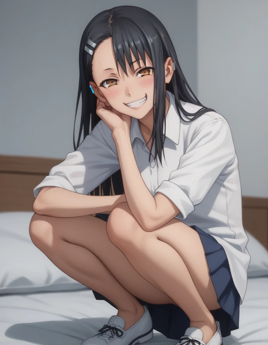 anime girl with a pom pom sitting on a bed, ecchi, the anime girl is crouching, oppai, ecchi anime style, seductive anime girl, a hyperrealistic , hyperrealistic , nagatoro, beautiful anime girl squatting, realistic , ecchi style, rei hiroe, teasing smile, clean detailed anime art