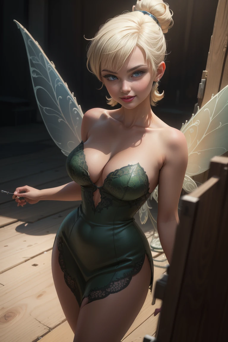 (Tinker Waifu:1), smile, sexy, naughty pose, looking at the viewer, big breasts, neckline, moño de un alone cabello, short hair, (Green strapless dress:1), (fairy wings), (Focus on breasts:1.2), from above, (realist:1.2), (Realism), (masterpiece:1.2), (Best Quality), (ultra detailed), (8k, 4k, Intricate),(Full body photo:1),(cowboy shot:1.2), (85mm),partículas de light, switched on, (Very detailed:1.2),(detailed face:1.2), (gradients), striking,(detailed eyes:1.2),(detailed background),detailed landscape, (dynamic angle:1.2), (dynamic pose:1.2), (Third rule_Composition:1.3), (Line of action:1.2), plano general, light, alone, sexy, show skin