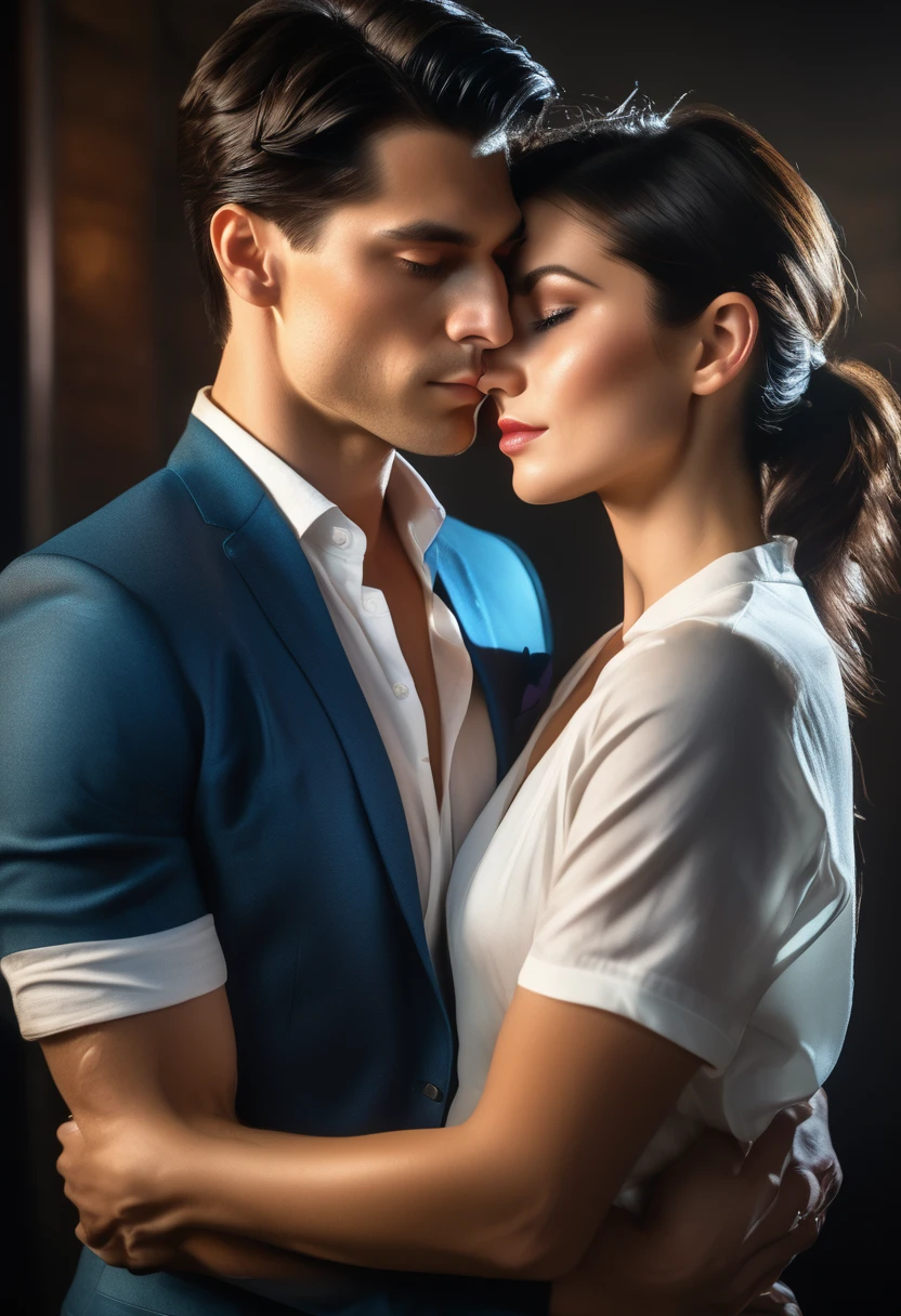 A tall handsome young man with black hair, black eyes, he is wearing a blue suit and he hugs an incredibly beautiful femme fatale young woman, she has a brown hair with a very short haircut standing next to him, she has brilliant green eyes, She is wearing a casual blue jeans and white T-Shirt., dramatic pose, dramatic cinematic lighting, perfect image, realistic pictures, detailed face study, full-length image, 8k, detailed image. an extremely detailed photorealistic image , a real masterpiece of the highest quality, man and women deep kiss eachother.