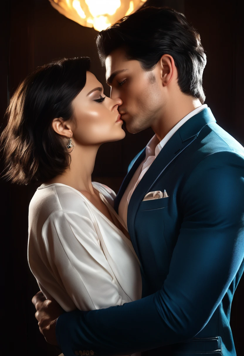 A tall handsome young man with black hair, black eyes, he is wearing a blue suit and he hugs an incredibly beautiful femme fatale young woman, she has a brown hair with a very short haircut standing next to him, she has brilliant green eyes, She is wearing a casual blue jeans and white T-Shirt., dramatic pose, dramatic cinematic lighting, perfect image, realistic pictures, detailed face study, full-length image, 8k, detailed image. an extremely detailed photorealistic image , a real masterpiece of the highest quality, man and women deep kiss eachother.