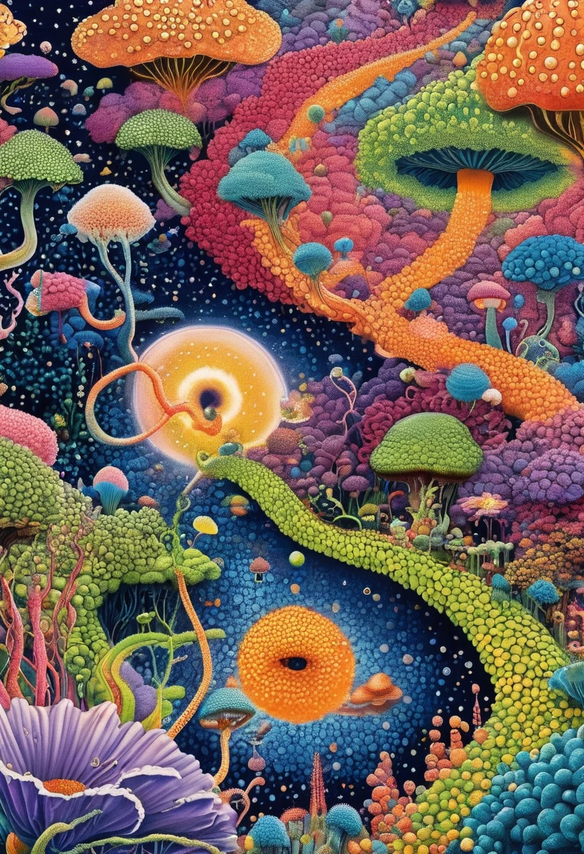 Strong visual fusion of multiple elements,Broto,来自Star的艺术家,house:1.37、Eye、Star、cloud、Spore powder、Tentacles,Describing the inner world of autistic people,密集Pointillism method。Smooth lines。Strange illustration。Pointillism method。Trypophobia。Strong contrast。Award-winning works。