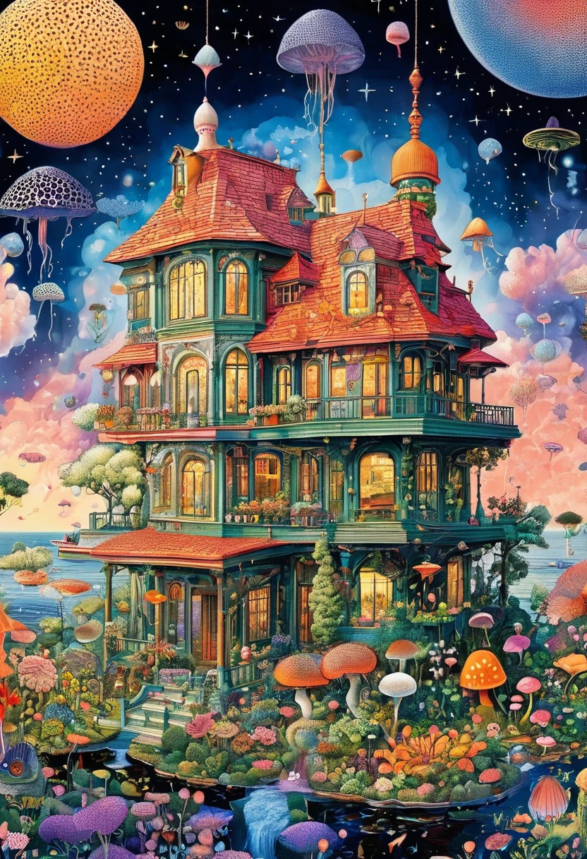 Strong visual fusion of multiple elements，Broto，来自Star的艺术家，house：1.37、Eye、Star、cloud、Spore powder、Tentacles，Describing the inner world of autistic people，密集Pointillism method。Smooth lines。Strange illustration。Pointillism method。Trypophobia。Strong contrast。Award-winning works。