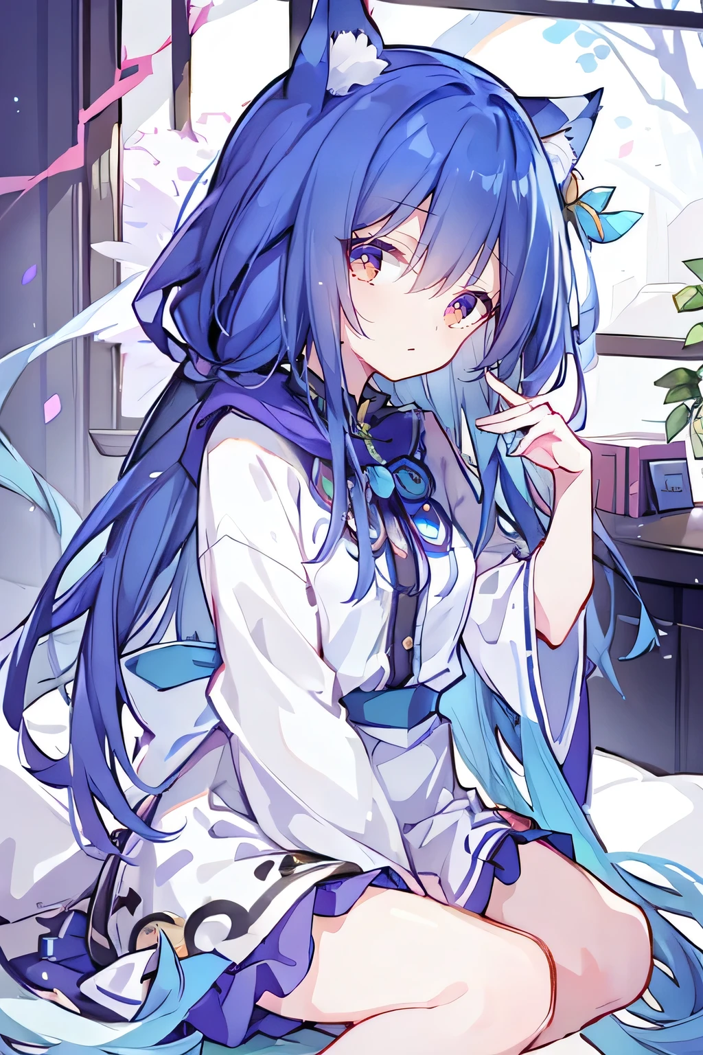 (masterpiece:1.2),Super detailed,lifelike,Expressive eyes,fair skin,perfect face shape,1 girl,
Japanese comics,Gorgeous blue hair,flowing blue hair,flowing clothes,Cat ears,Petals fall,beautiful lola,Baby Angel,
Shaking head with one hand,Cross your legs,Gentle and peaceful background,The pavilion is cool and comfortable,smile, wearing hoodie, In front of the window,snowing