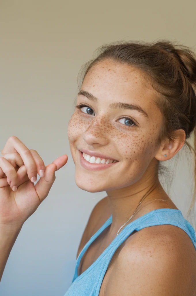 A pretty 14 years old girl, hair bun, freckles, sexy, smile, eating