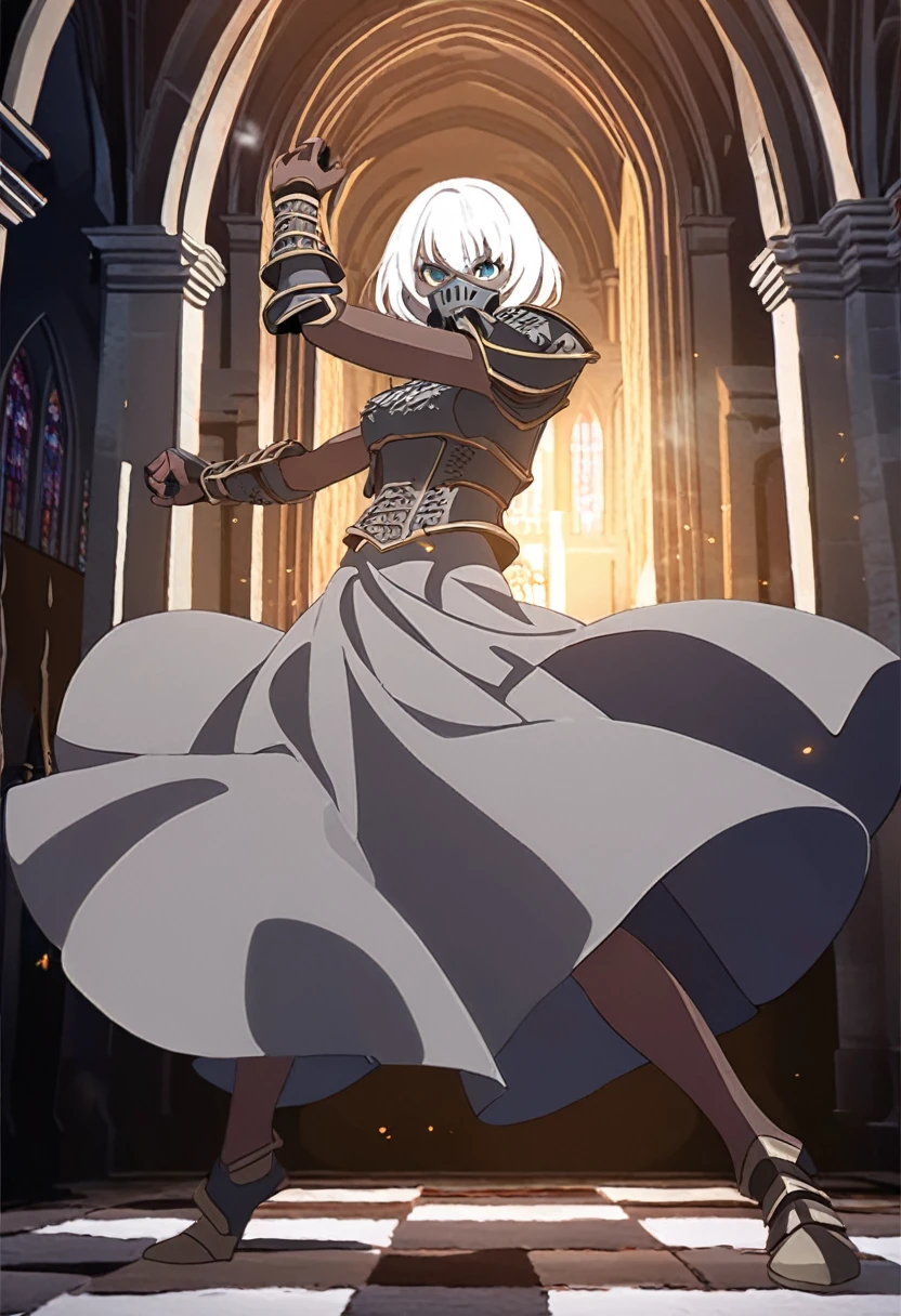 1girl, bronze skin, aqua eyes, white hair, very short hair, gray dress, iron maiden armor, iron mask, gray armor, church, night ambience, fighting pose, fullbody
