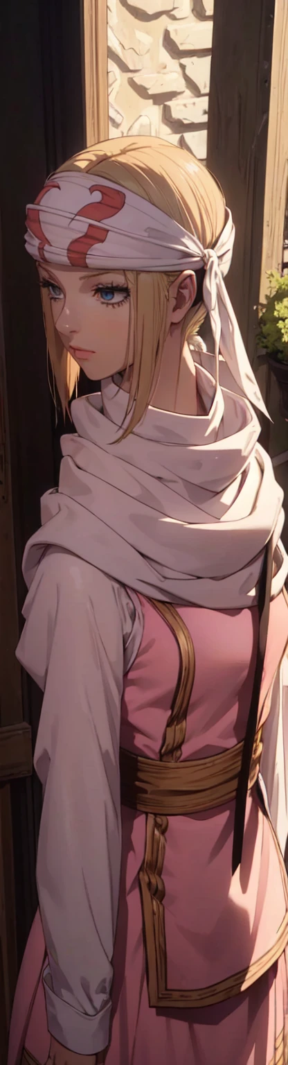 masterpiece), best quality, high resolution blonde 1girl bob cut medium hair standing alone cowl headband profile image looking at viewer beautiful eyes beautiful face extremely detailed pink clothing girly