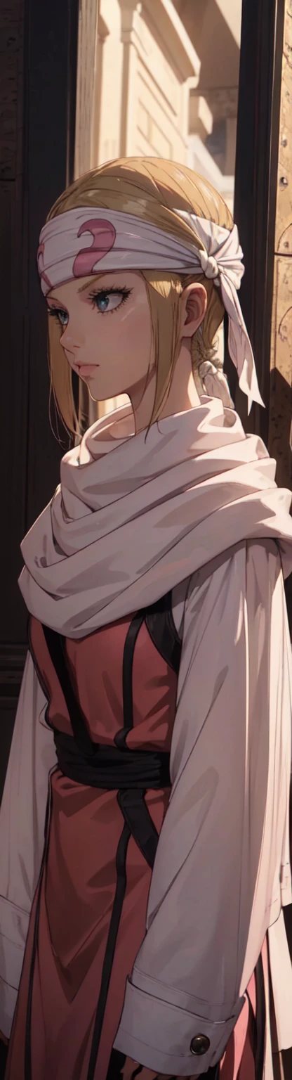 masterpiece), best quality, high resolution blonde 1girl bob cut medium hair standing alone cowl headband profile image looking at viewer beautiful eyes beautiful face extremely detailed pink clothing girly
