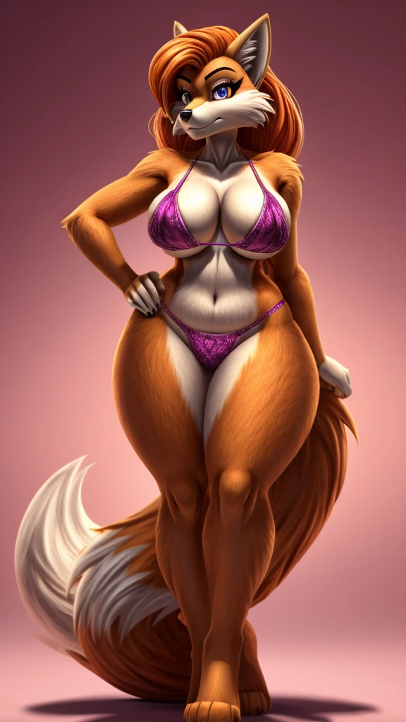 Skye from Paw Patrol, as a female fox, anthro, mature adult, flowy orange hair, magenta iris, tall, curvy, massive female, standing, gold bikini, serious, detailed, solo, beautiful, high quality, clear background, anime style, 4K