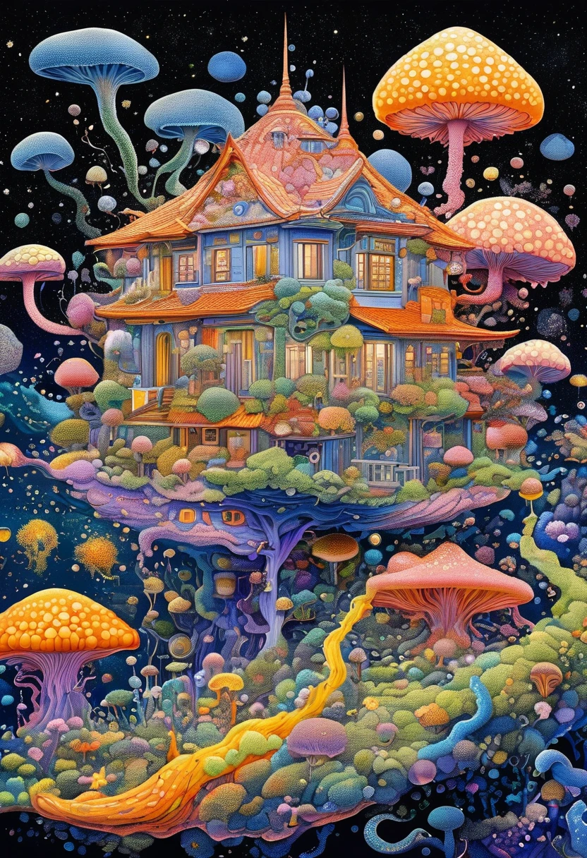 Strong visual fusion of multiple elements,Broto,来自Star的艺术家,house:1.37、Eye、Star、cloud、Spore powder、Tentacles,Describing the inner world of autistic people,密集Pointillism method。Smooth lines。Strange illustration。Pointillism method。Trypophobia。Strong contrast。Award-winning works。