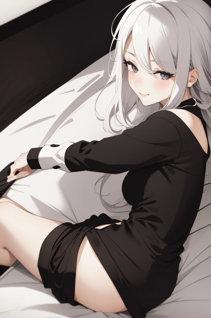 Dream girl white hair black dress gray eyes,lying on the bed looking at me,bust,from_side,stare,eye-contact,looking_at_viewer,wife,seductive_smile,blush,on_side,shirt_pull,