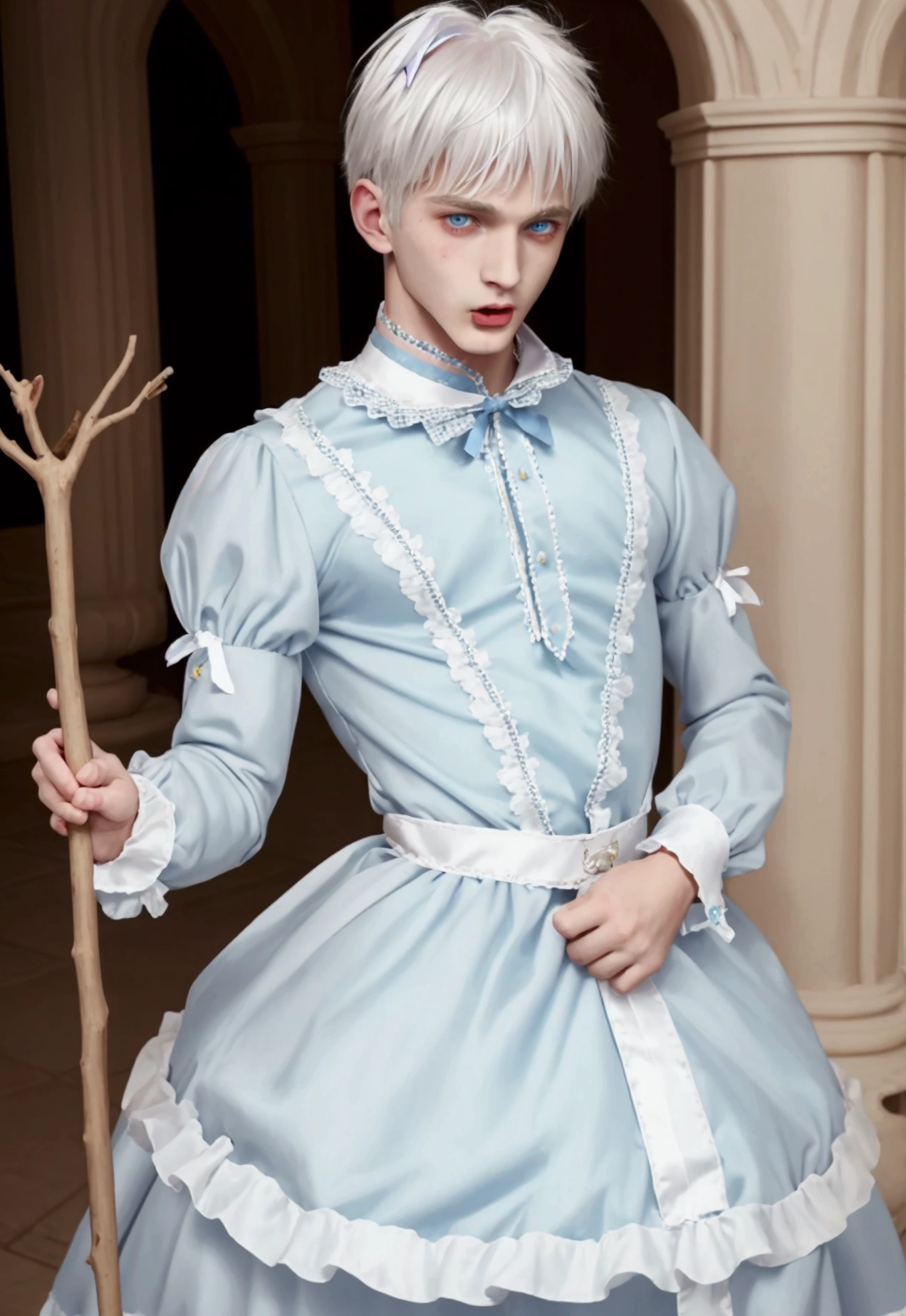 young  man, White hair, Blue eyes, crossdressing, Wearing a dog collar, dog ears, Stick out tongue, embarrassed, prince dress