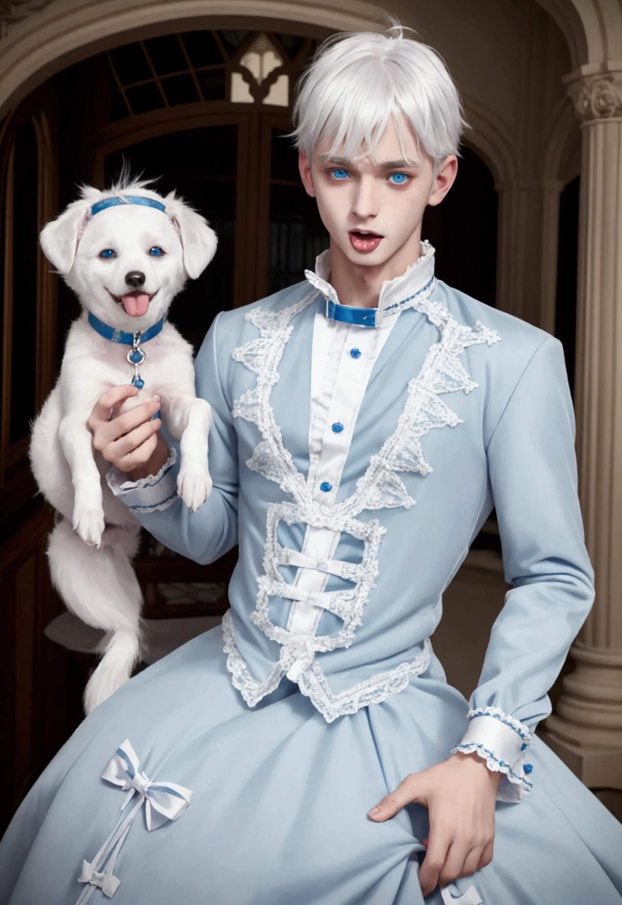 young teenage man, White hair, Blue eyes, crossdressing, Wearing a dog collar, dog ears, Stick out tongue, embarrassed, prince dress