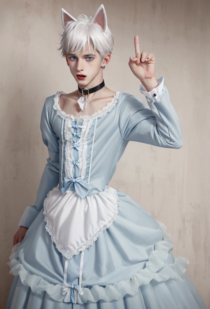 young teenage man, White hair, Blue eyes, crossdressing, Wearing a dog collar, dog ears, Stick out tongue, embarrassed, prince dress