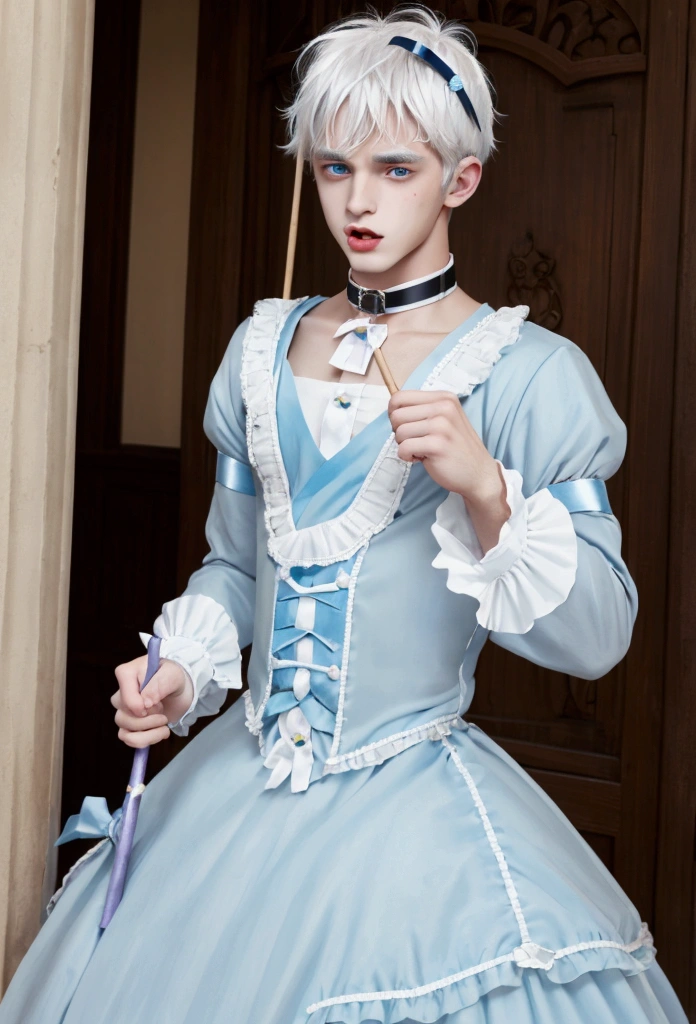 young teenage man, White hair, Blue eyes, crossdressing, Wearing a dog collar, dog ears, Stick out tongue, embarrassed, prince dress