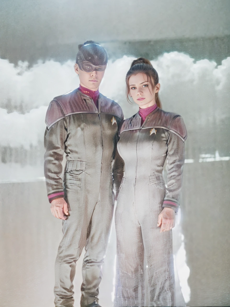 a man and woman in a grey bodysuit with tattoos on his and her chest, in full starfleet uniform, inspired by Eve Ryder, star trek asian woman, natalie portman in star trek, in starfleet uniform, futuristic starship crew member, star trek voyager, emma watson in star trek, starfleet uniform, sci-fi man and female, as a starfleet officer, from star trek and Female chest must be large
