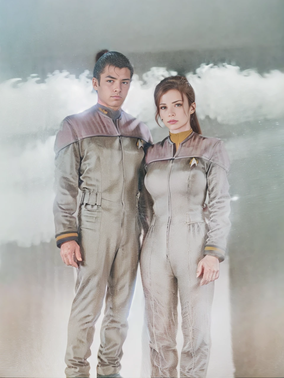 a man and woman in a grey bodysuit with tattoos on his and her chest, in full starfleet uniform, inspired by Eve Ryder, star trek asian woman, natalie portman in star trek, in starfleet uniform, futuristic starship crew member, star trek voyager, emma watson in star trek, starfleet uniform, sci-fi man and female, as a starfleet officer, from star trek and Female chest must be large