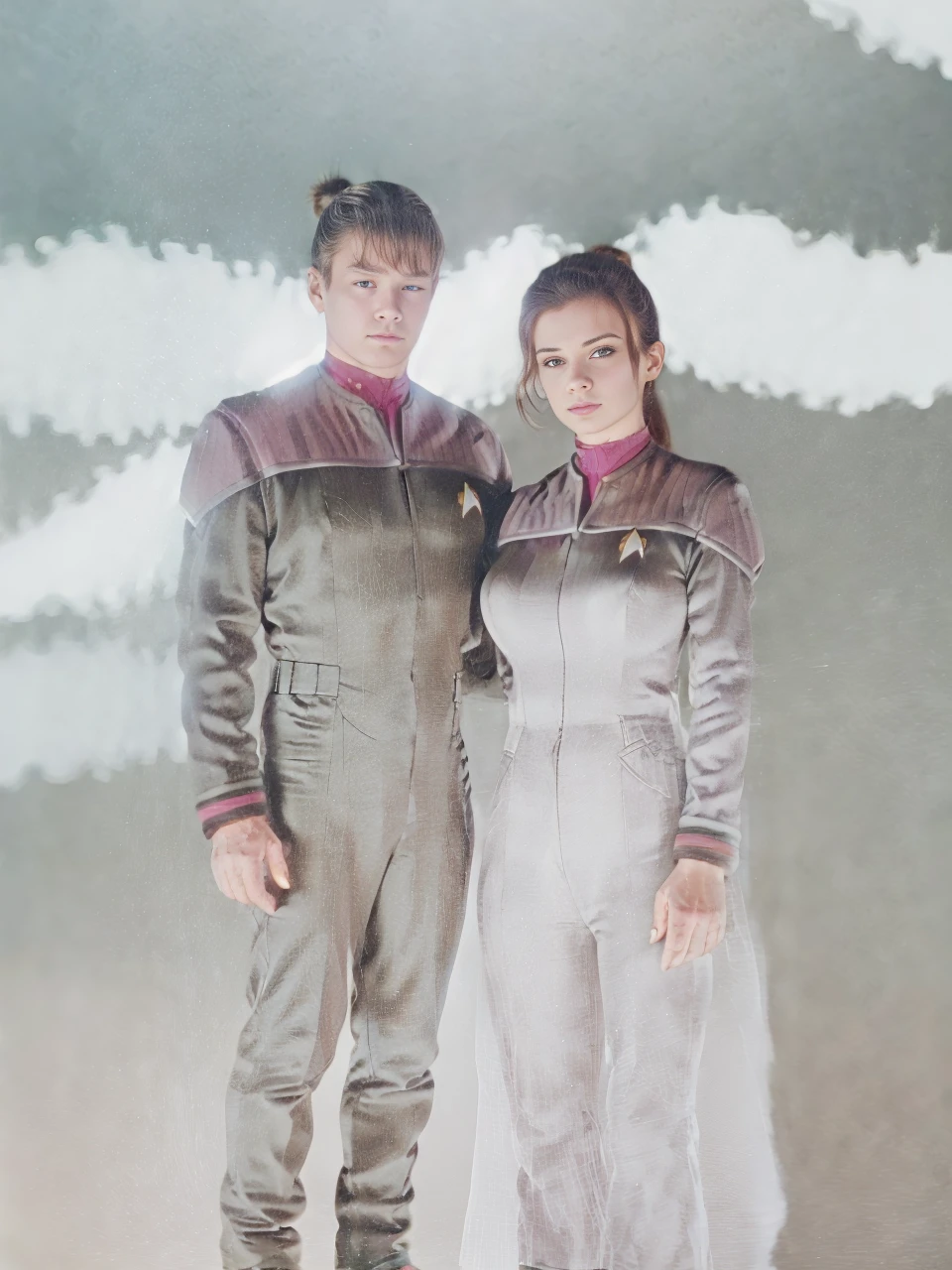 a man and woman in a grey bodysuit with tattoos on his and her chest, in full starfleet uniform, inspired by Eve Ryder, star trek asian woman, natalie portman in star trek, in starfleet uniform, futuristic starship crew member, star trek voyager, emma watson in star trek, starfleet uniform, sci-fi man and female, as a starfleet officer, from star trek and Female chest must be large