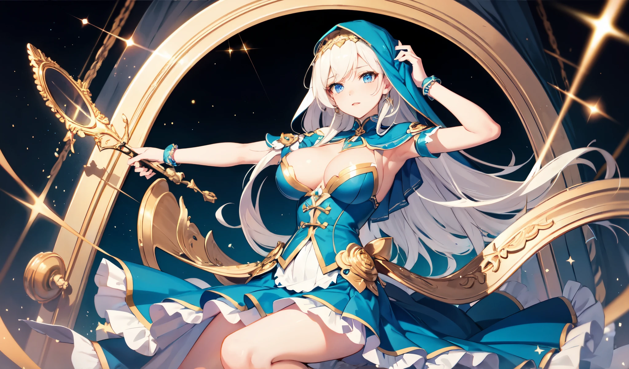 ((Highest quality)), ((masterpiece)), (detailed), One girl, Idol girl in a dress, ((Do not cover your head)), Dark blue eyes, Magical girl, Large Breasts, Short layered skirt,sexy