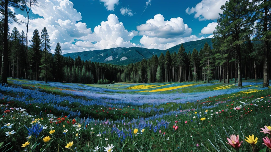 magic forest, flowers, blue sky, clouds