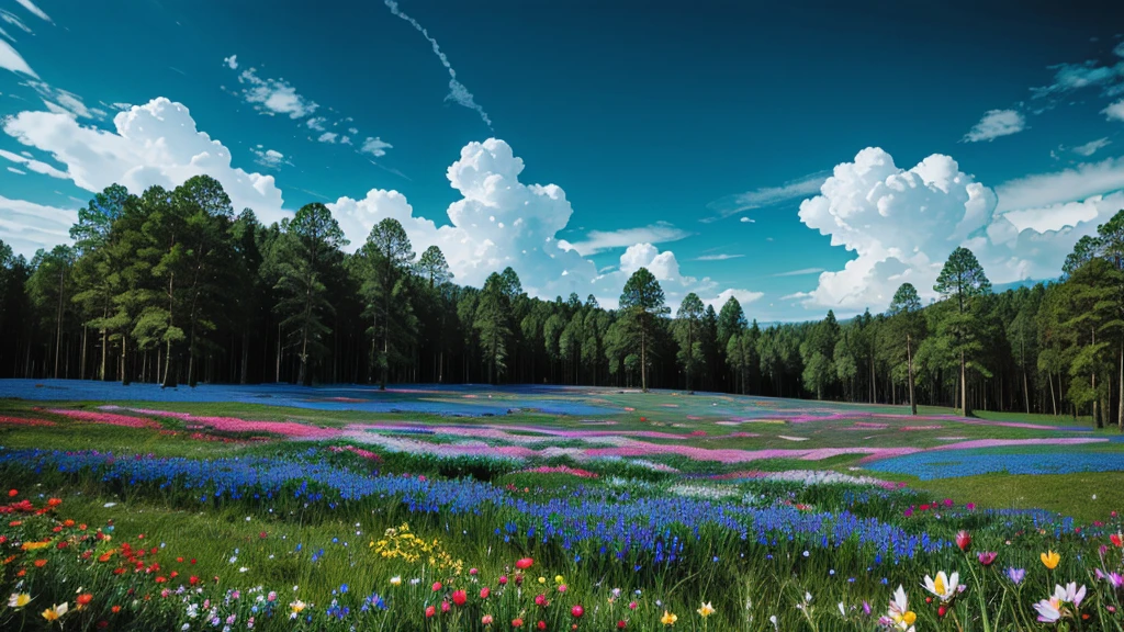 magic forest, flowers, blue sky, clouds