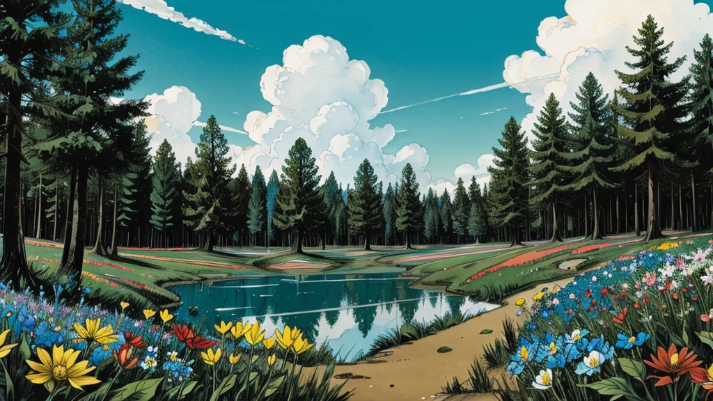 magic forest, flowers, blue sky, clouds