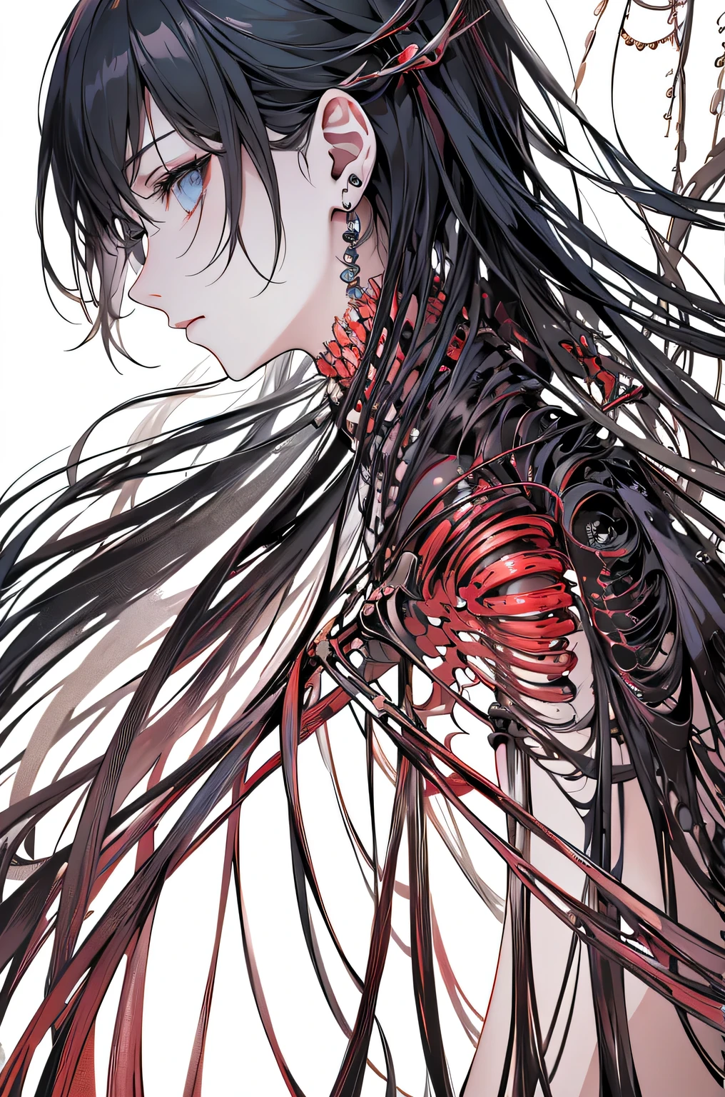 (masterpiece,Highest quality,Highest quality,Official Art,Beauty and aesthetics:1.2),(1. Mechanical Girl:1.3),(Upper body only:1.4),Huge ,Severed from the neck(Exposing internal organs and mechanical entrails),Blood tube,(Pierced the body:1.4 ),Very detailed,rich color details((Very detailedな)),(Very detailedなCGイラスト),((Very elegant and beautiful),(From the side From the side),(Machine made joints:1.2),((Mechanical Limbs)),(チューブに接続されたBlood tube), (Mechanical vertebrae attached to the back),((Mechanical cervical vertebrae attached to the neck)),(sit),Expressionless,(Wires and cables attached to the neck:1.2),(Overhead Wires and Cables:1.2)(Character Focus),sf,White Background,(Blood:1.5),