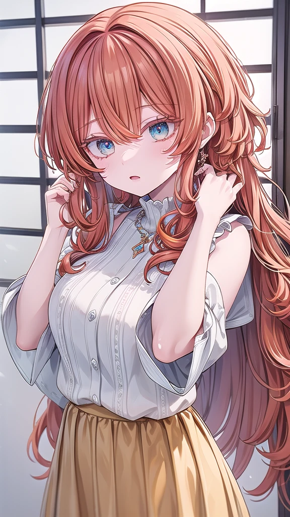  Artwork, best quality, high quality, ultra detailed, anime style, 1 girl, cute, beautiful skin, ((bright turquoise eyes)), ((orange eyelashes)), ((colorful eyelashes,)) ((orange hair)), ((long orange hair)),((long curly orange hair)), ((messy hair)), ((intricate hair)), ((messy hair)), ((colored eyelashes)), ((orange eyelashes)), revealing white dress