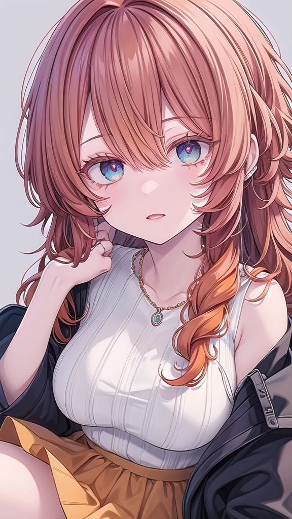  Artwork, best quality, high quality, ultra detailed, anime style, 1 girl, cute, beautiful skin, ((bright turquoise eyes)), ((orange eyelashes)), ((colorful eyelashes,)) ((orange hair)), ((long orange hair)),((long curly orange hair)), ((messy hair)), ((intricate hair)), ((messy hair)), ((colored eyelashes)), ((orange eyelashes)), revealing white dress