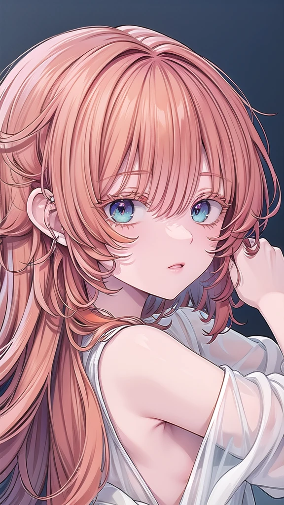  Artwork, best quality, high quality, ultra detailed, anime style, 1 girl, cute, beautiful skin, ((bright turquoise eyes)), ((orange eyelashes)), ((colorful eyelashes,)) ((orange hair)), ((long orange hair)),((long curly orange hair)), ((messy hair)), ((intricate hair)), ((messy hair)), ((colored eyelashes)), ((orange eyelashes)), revealing white dress