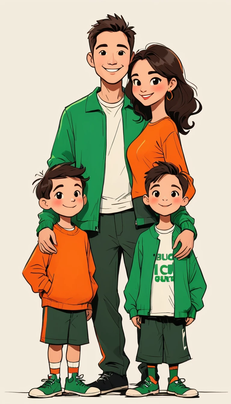 (((Exaggerated digital character sketches:1.37))).(Happy family),(black速写线条,Loose brushstrokes create the outline,Cartoon Style. Bright colors and simplified lines, sketch)。green,orange color,red,black