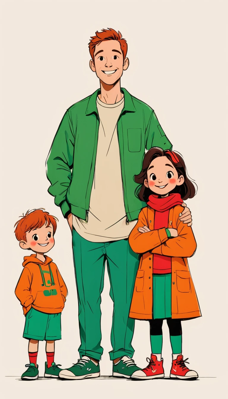 (((Exaggerated digital character sketches:1.37))).(Happy family),(black速写线条,Loose brushstrokes create the outline,Cartoon Style. Bright colors and simplified lines, sketch)。green,orange color,red,black