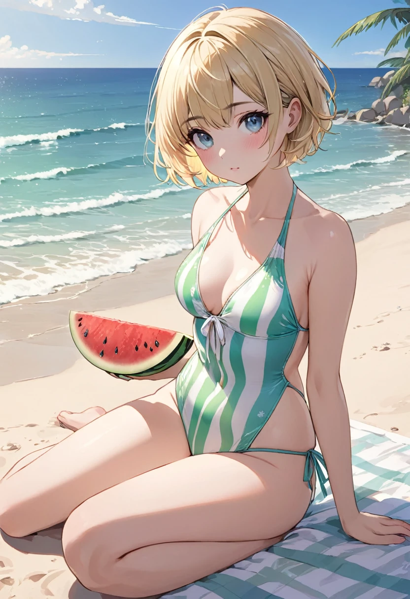 One girl, blonde short hair, wearing a swimsuit ,Watermelon split on the beach,(((masterpiece))), (((best quality))), ((ultra-detailed)), (illustration), (detailed light),((an extremely delicate and beautiful)),(beautiful detailed eyes),