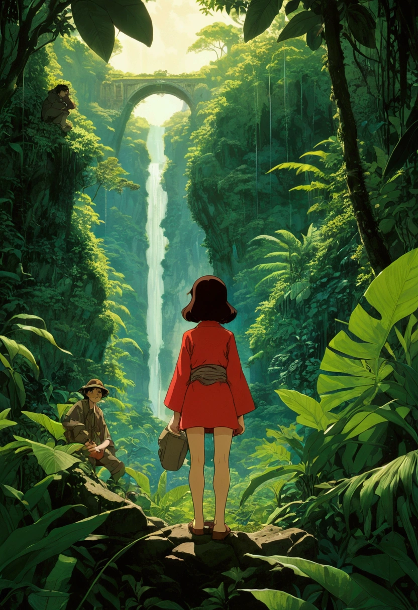 Jungle Adventurer, full body, by Hirohiko Araki, cinematic still, (best quality, masterpiece), very aesthetic, perfect composition, intricate details, ultra-detailed, vivid colors