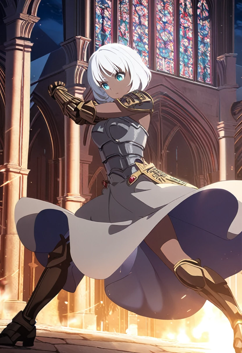 1girl, bronze skin, aqua eyes, white hair, very short hair, gray dress, iron maiden armor, gray armor, church, night ambience, fighting pose, fullbody