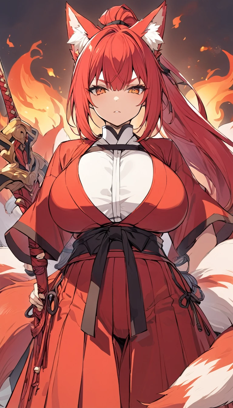Long red ponytail Red fox ears and nine fox tails Very large bust Hakama with a red jacket Sword Flames Older sister