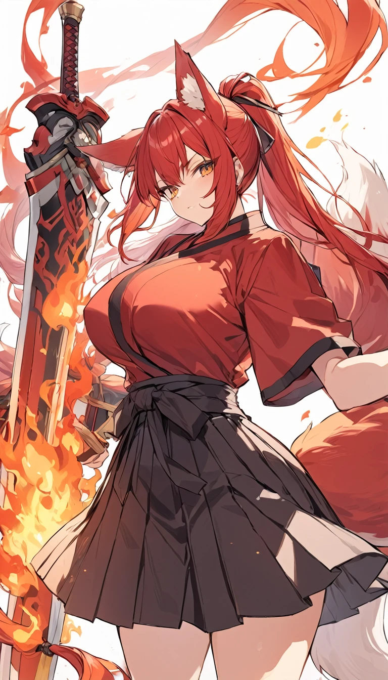Long red ponytail Red fox ears and nine fox tails Very large bust Hakama with a red jacket Sword Flames Older sister