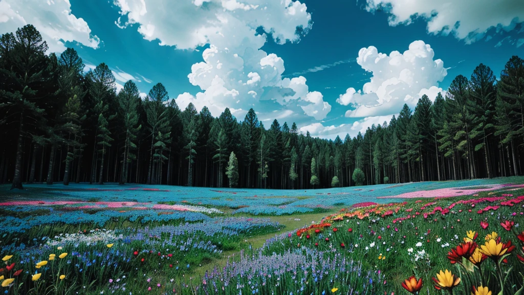 magic forest, flowers, blue sky, clouds