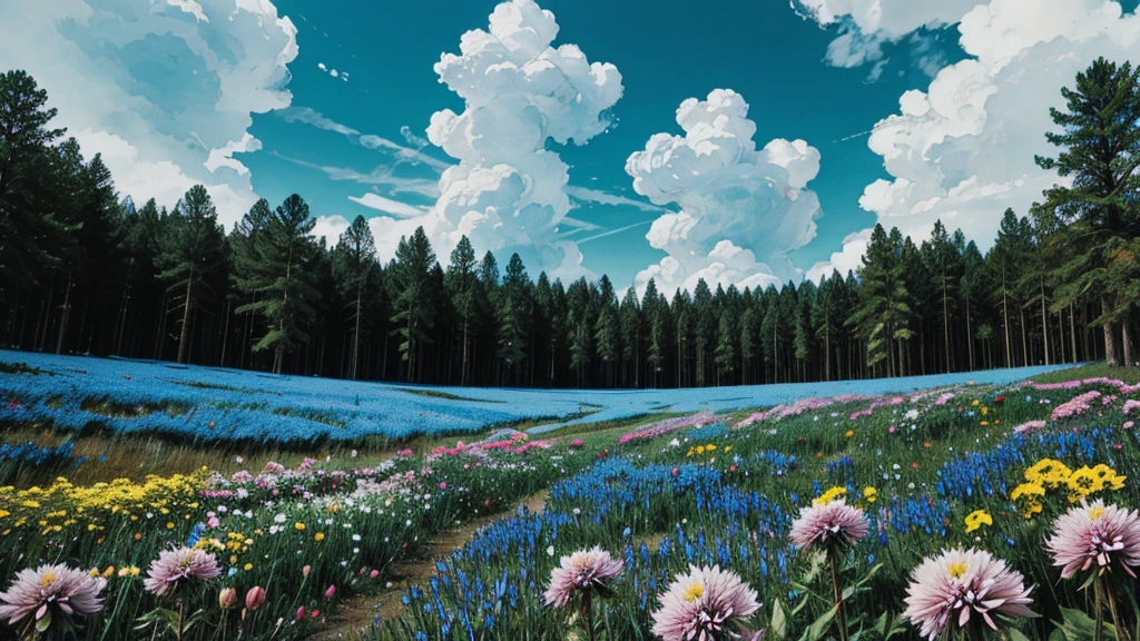 magic forest, flowers, blue sky, clouds
