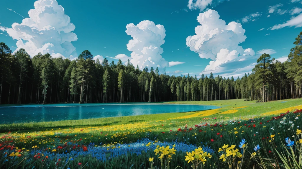 magic forest, flowers, blue sky, clouds