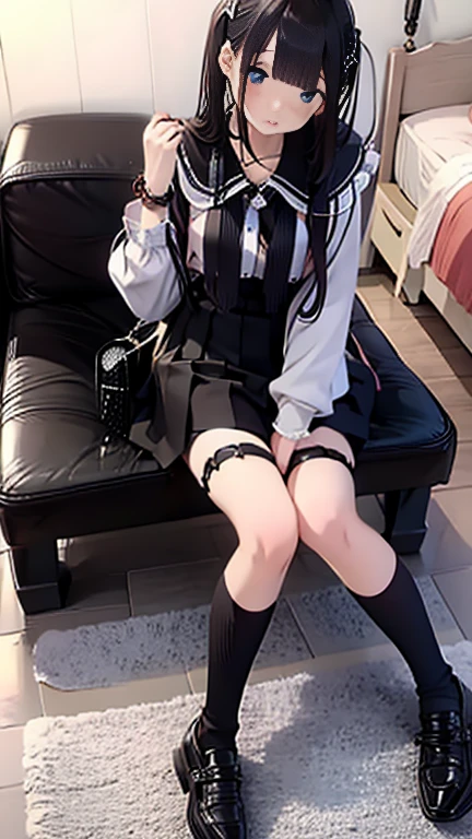 (Highest quality), (masterpiece), 1080P, High resolution, 4K, 8k, Thigh straps, Shooting from directly below, The woman on top of me, Nipples, 白いSweat, Covered , Sweat, Woman looking down, Micro Bikini, Skirt swimsuit, Thigh-high socks, To achieve this, , Small breasts, whole body, Black leather shoes, Braided hair, Inner Color, Embarrassed face, Short black hair, bracelet, Bedroom