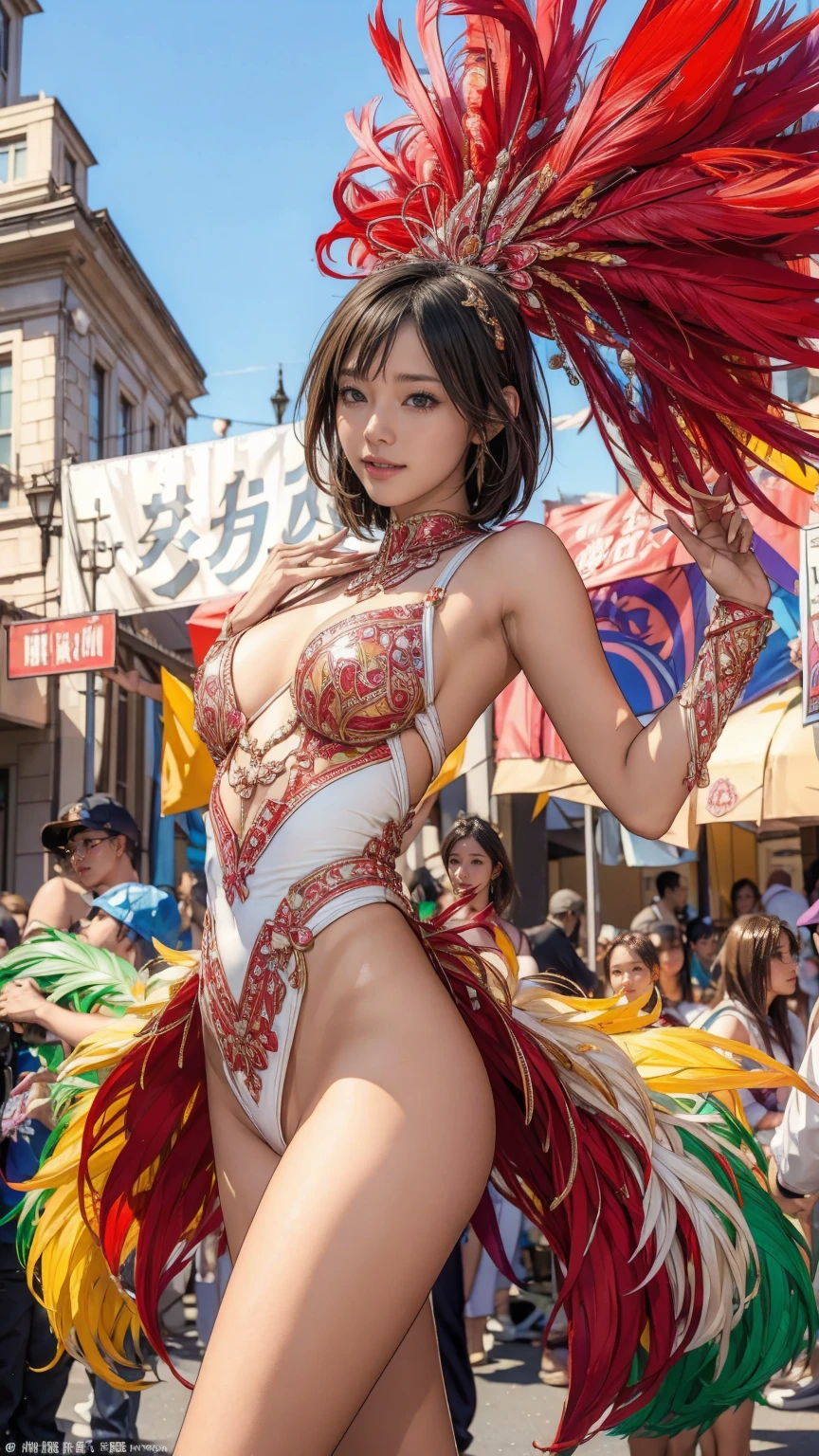 Highest quality, Official Art, masterpiece, Fabric Shading, High resolution, 非常にdetailed, colorful, detailed, High leg samba micro costume:1.5, Microwave is fine:1.9, {{{{{Song Jua:1.9}}}}}, 1 female, Age 25, Black Hair, short hair,Bobcut, One Length,Big Ass:1.9, {{{{{Dancing enthusiastically in a parade:1.9}}}}}, A bustling boulevard, sunny, skinny, {{Surrounded by male photographers:1.9}}, She has been photographed by many male photographers..:1.7, There is a snowstorm, Blessed, welcome:1.5, Camel Toe:1.9, Ground level shot