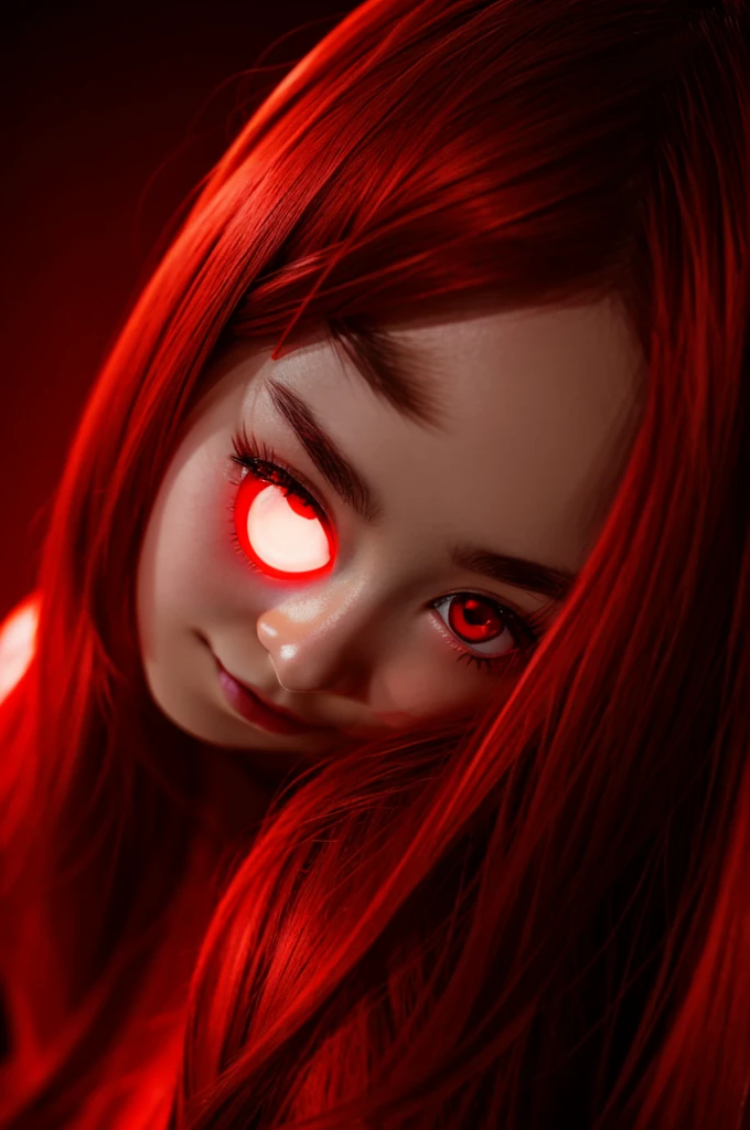 Anime girl glowing red eyes, glowing red hair and glowing red vignette background 