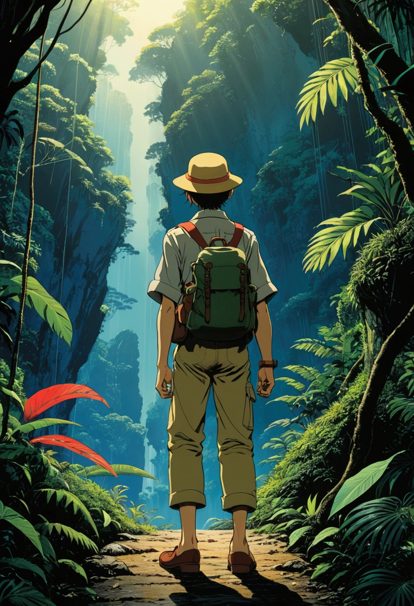 Jungle Adventurer, full body, by Hirohiko Araki, cinematic still, (best quality, masterpiece), very aesthetic, perfect composition, intricate details, ultra-detailed, vivid colors
