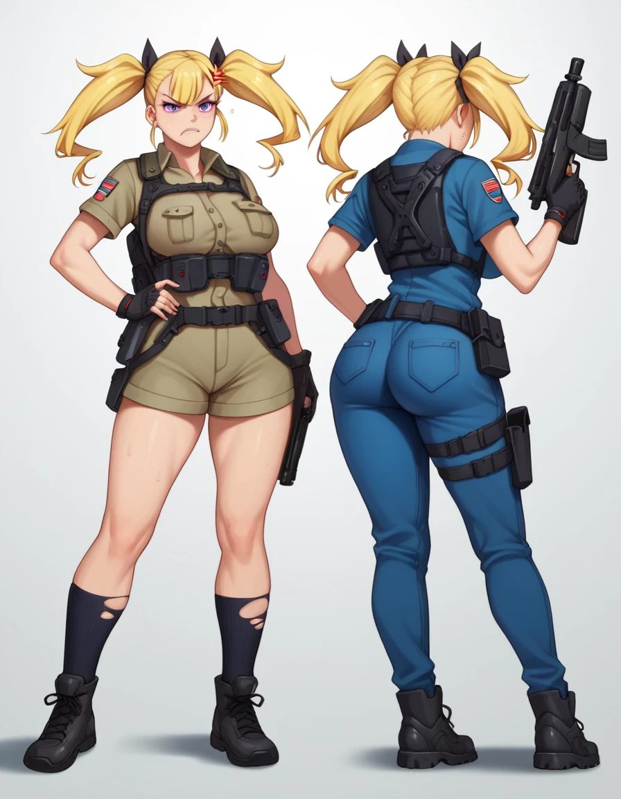 2girl, 19 years old, large breasts, triple D cup breasts, round buttocks, bubbly buttocks, wide hips, bubbly ass, tactical gear, tactical gear , black tactical boots, twin tails, yellow hair, purple eyes, anger, aiming rifle,  standing, war torn city, sharp outline, short sleeve, highest quality, masterpiece