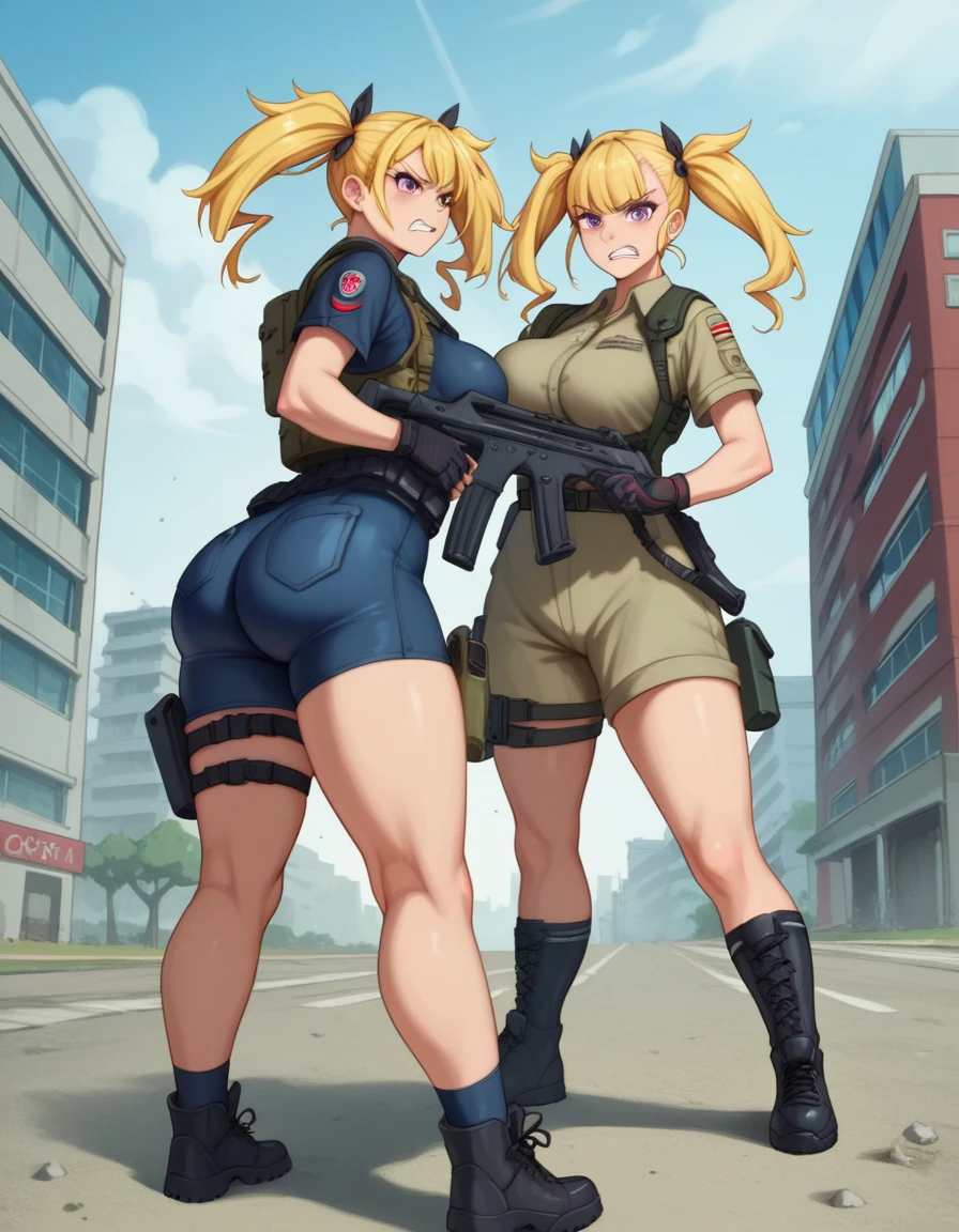 2girl, 19 years old, large breasts, triple D cup breasts, round buttocks, bubbly buttocks, wide hips, bubbly ass, tactical gear, tactical gear , black tactical boots, twin tails, yellow hair, purple eyes, anger, aiming rifle,  standing, war torn city, sharp outline, short sleeve, highest quality, masterpiece