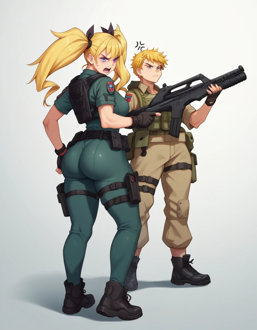 2girl, 19 years old, large breasts, triple D cup breasts, round buttocks, bubbly buttocks, wide hips, bubbly ass, tactical gear, tactical gear , black tactical boots, twin tails, yellow hair, purple eyes, anger, aiming rifle,  standing, war torn city, sharp outline, short sleeve, highest quality, masterpiece