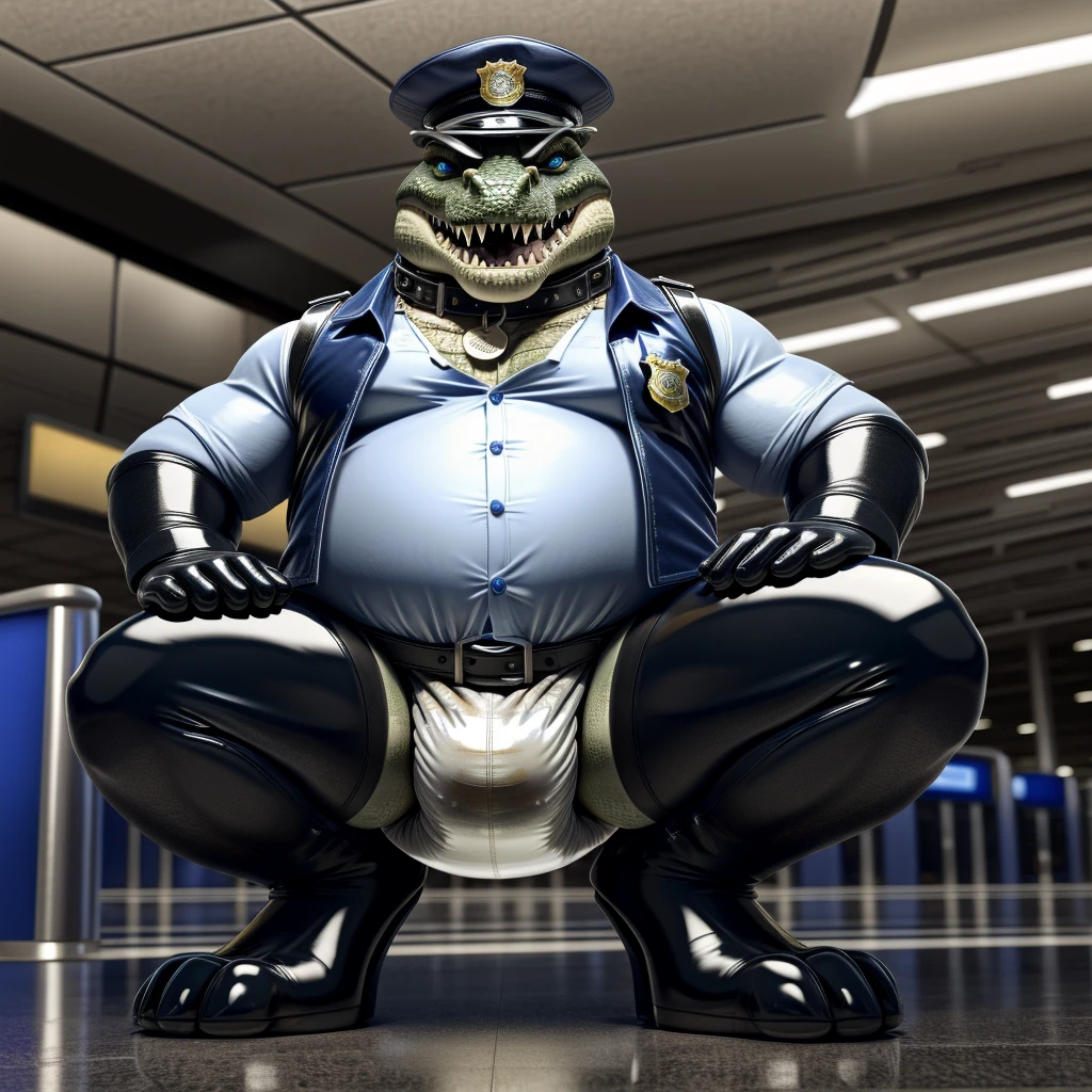 Solo, Male, fat, squatting, extremely obese, gentleman, dapper Crocodile, pooping in diaper, blue eyes, (soft shading), 4k, hi res, ((detailed face, detailed)), looking at viewer, evil grin, Airport, TSA, TSA Uniform, collared shirt with buttons, hat, male focus, Police Uniform, glasses, monocle, vest with buttons, sleeves rolled up, round eyewear, headwear, vest, Crocodile is wearing a glossy leather dog collar around the neck, Crocodile is wearing the leather collar and shirt and vest at the same time, Crocodile is wearing glossy white rubber gloves on the hands, wearing white rubber gloves on the feet, gloves are rubber in texture, mouth wide open, evil laugh, clenching fists, leather collar is glossy and shiny with a lot of detail, Crocodile is wearing gloves and leather collar at the same time, leather collar has a round dog-tag, leather collar is thick and detailed, white rubber gloves on the feet, Crocodile is wearing gloves and leather collar at the same time, leather collar has a round dog-tag, leather collar is thick and detailed, leather collar is glossy and shiny, fancy clothing, dapper vest, dapper shirt, leather collar is thick, glossy leather collar, Crocodile is wearing a dirty diaper