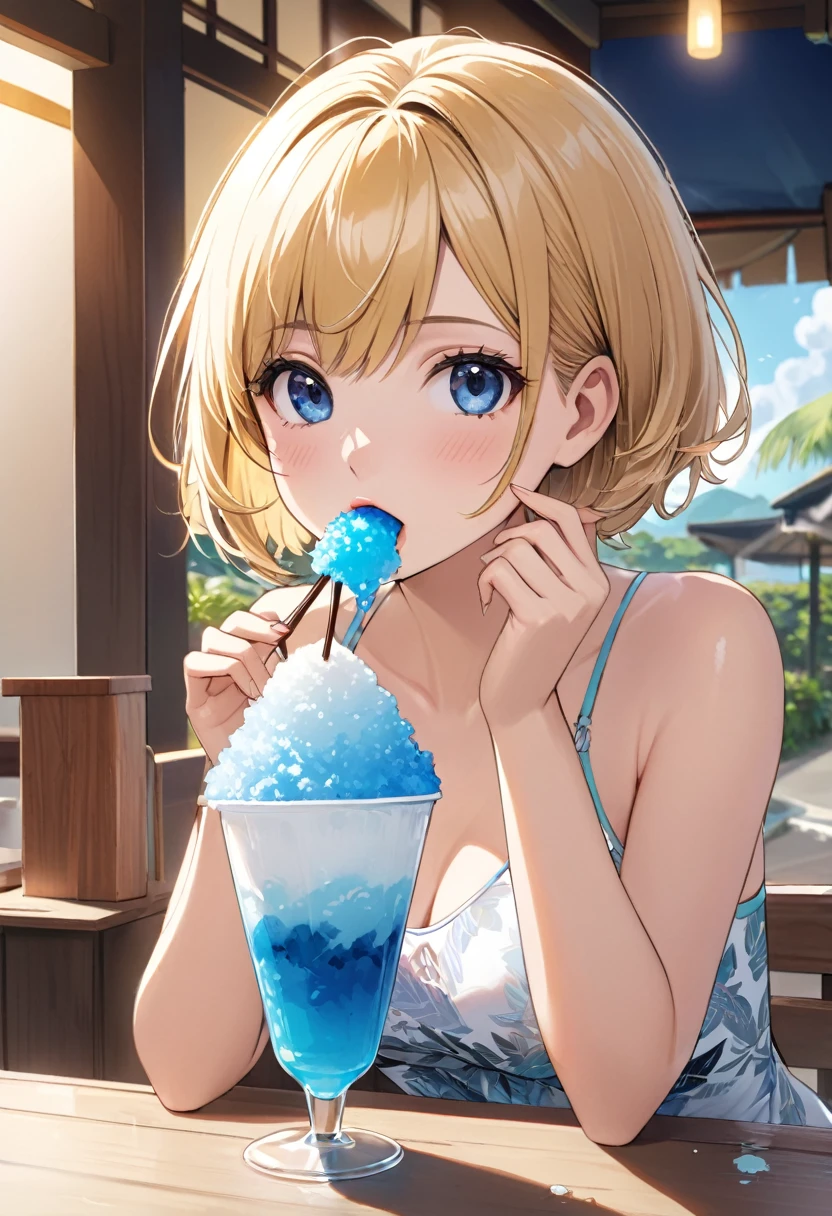 One girl, blonde short hair, wearing a swimsuit and eating shaved ice, shaved ice, shaved ice with syrup,(((masterpiece))), (((best quality))), ((ultra-detailed)), (illustration), (detailed light),((an extremely delicate and beautiful)),(beautiful detailed eyes),