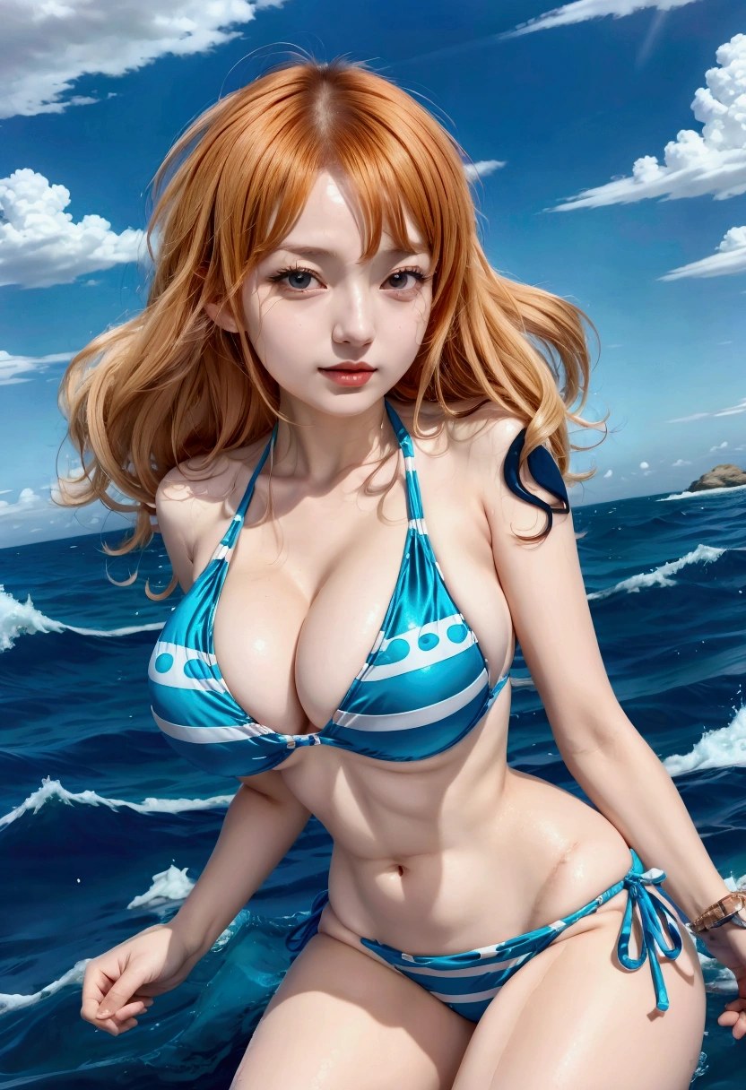 a woman in a bikini standing on the beach next to the ocean, nami one piece, nami from one piece, beautiful portrait of nami, nami, from one piece, one piece, anime girl named lucy, one piece style, inspired by Eiichiro Oda, anime best girl, monokini, female anime character, marin kitagawa fanart, marin kitagawa